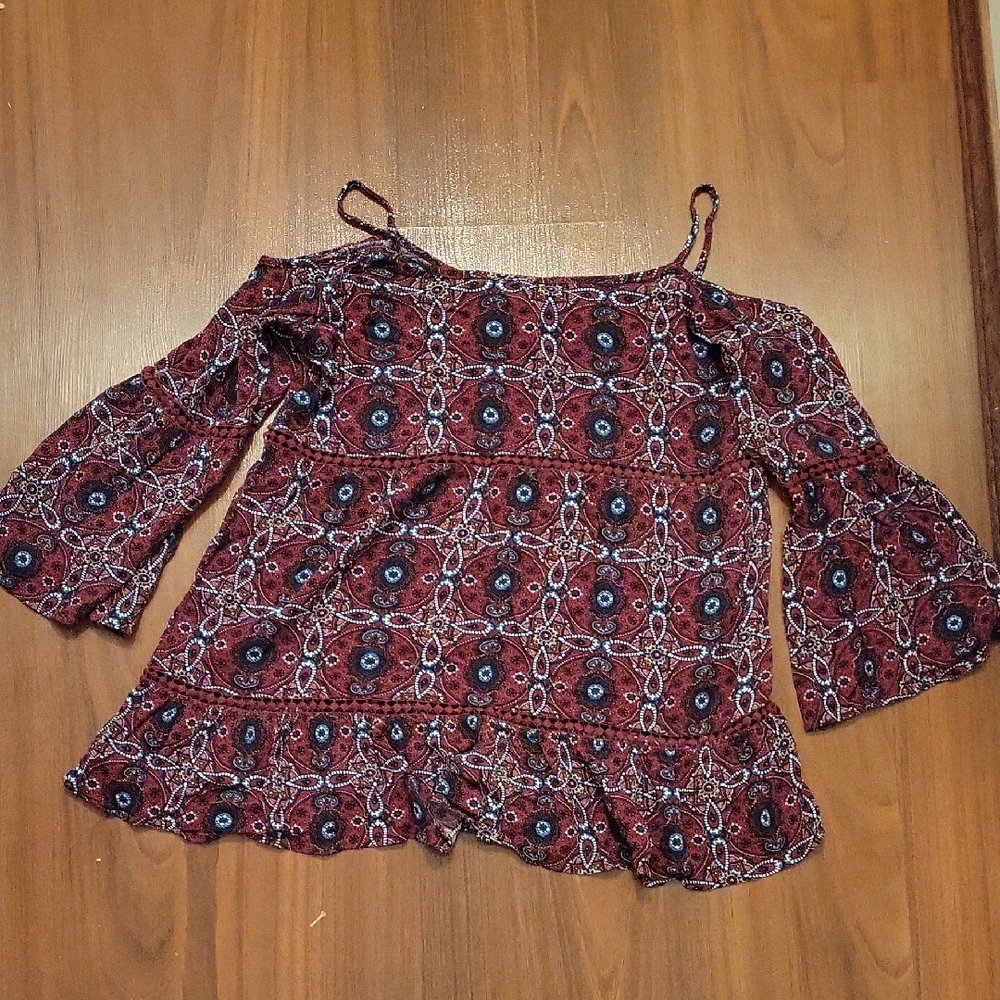 Love By Design Blue and Red Ruffled Bell Sleeve Blouse
